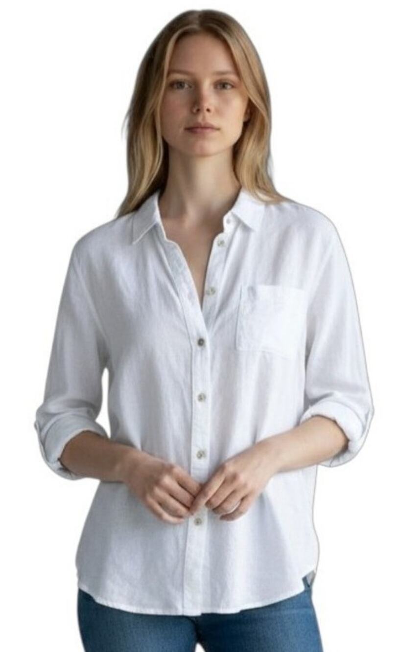 Susan Graver PURE linen blend button-down shirt in a versatile soft white